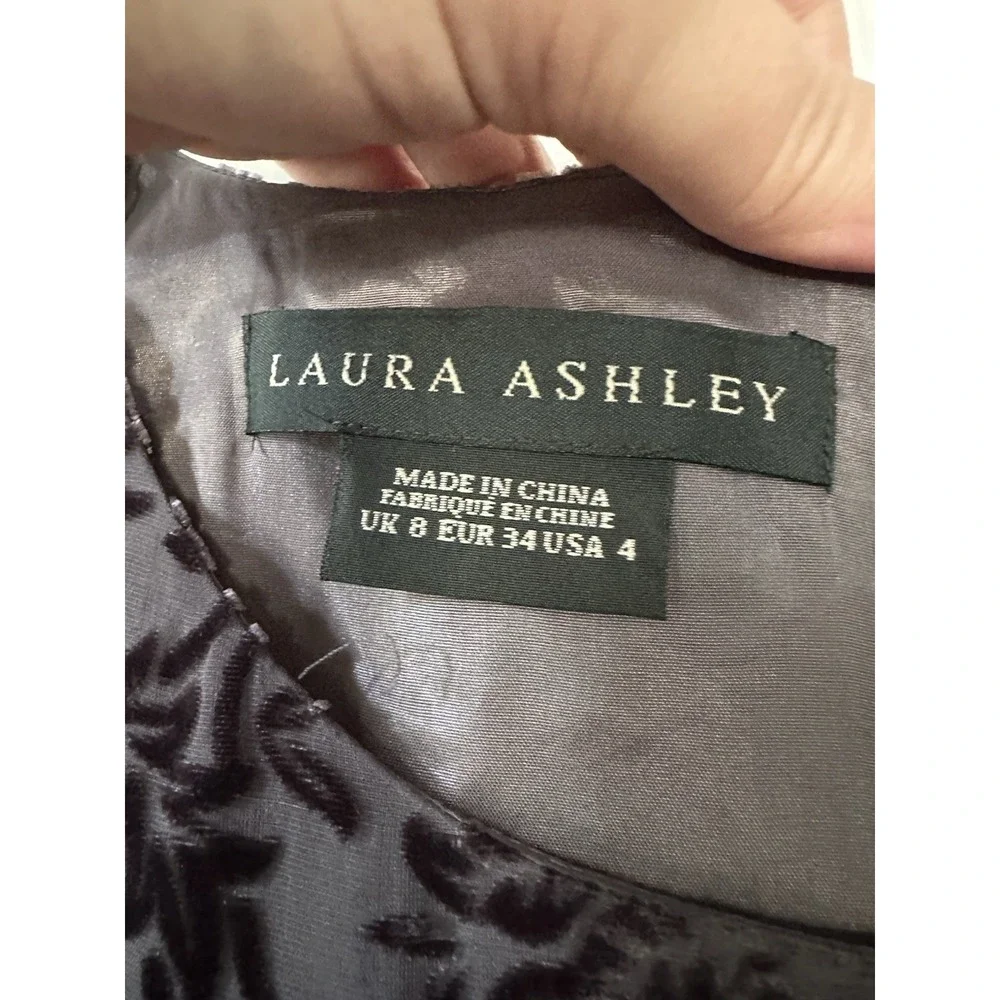 VTG Laura Ashley Dress Women 4 Gray Floral Velvet Burnout Maxi Y2K Silk
